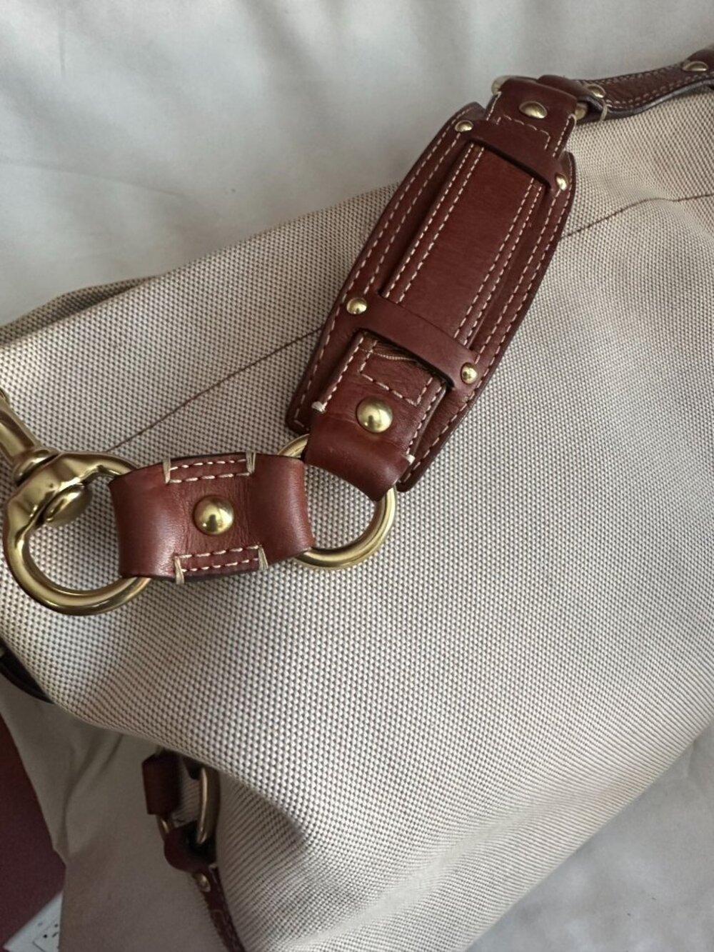 Coach CARLY canvas and leather large natural / brown leather trim shoulder hobo - Picture 3 of 12